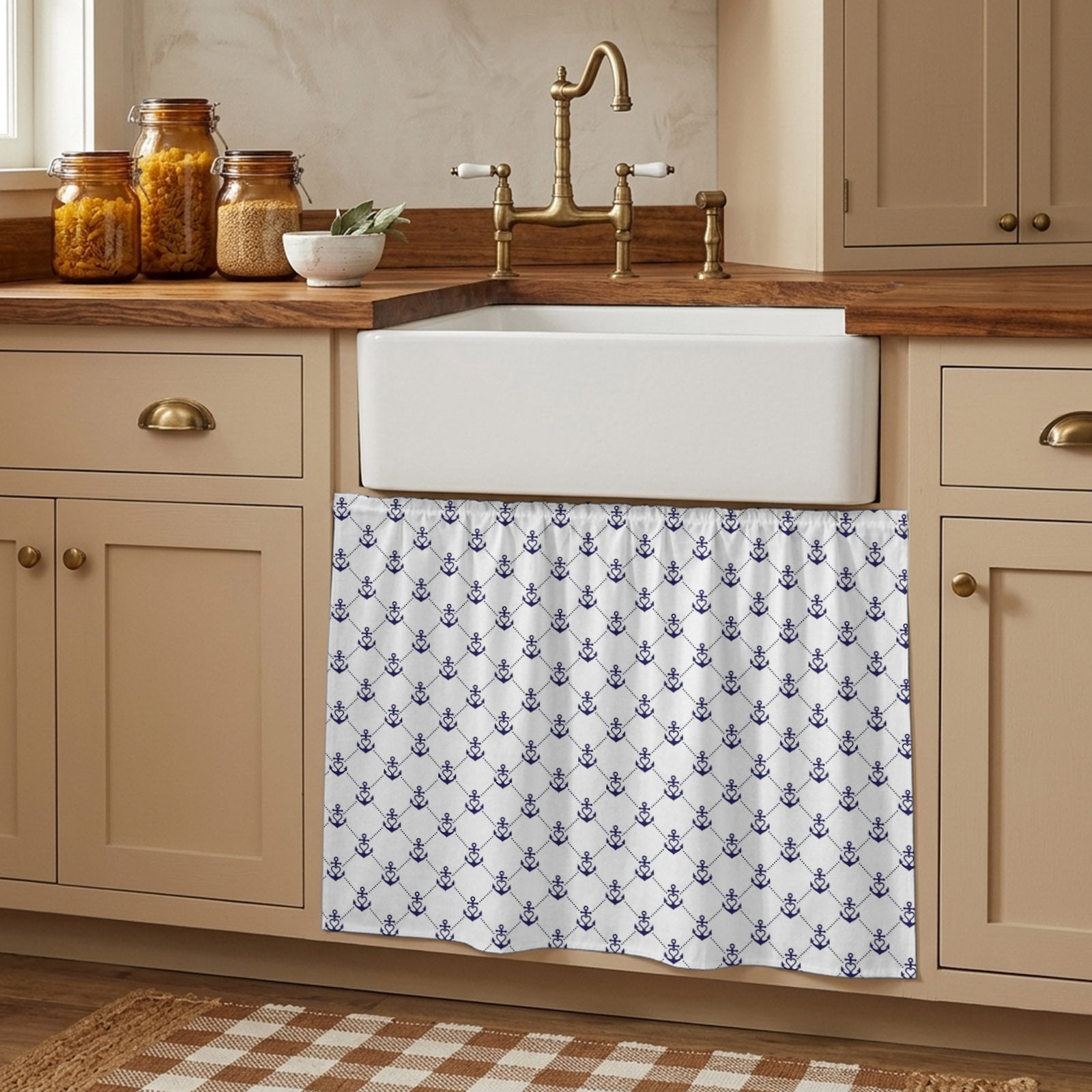 Nautical Anchors Cabinet Curtains 11"W x 13"L, Navy Blue Coastal ...