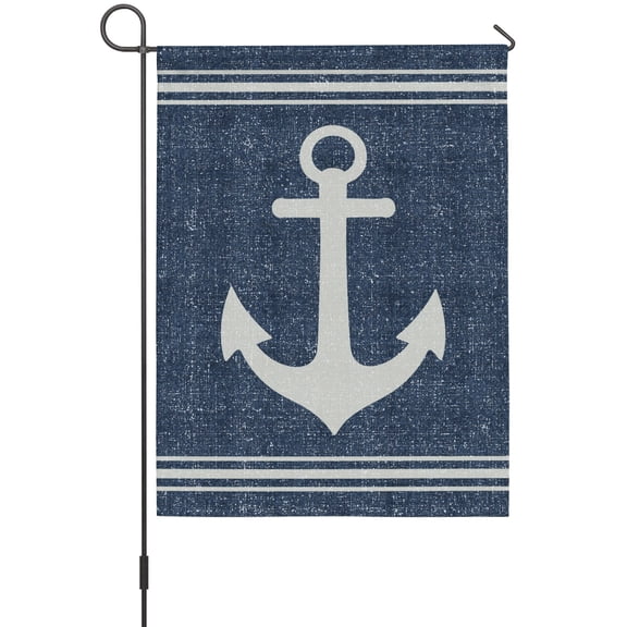 Nautical Anchors Garden Flag 12 x 18 Inches, Coastal Navy Blue Background Casual Linen Texture Weather Proof Outdoor Patio Flags Double Sided Small Garden Decoration for Yard Outside Home