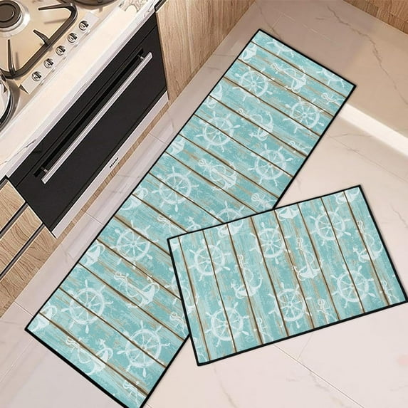 Nautical Anchors Kitchen Rugs and Mats Non Skid Washable Set of 2, Vintage Wood Boards Kitchen Mats for Floor, Rustic Kitchen Runner Rug, Summer Kitchen Decor