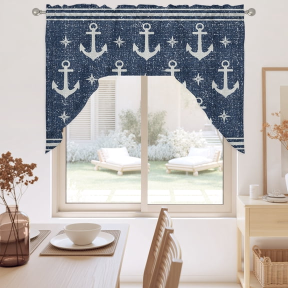 Nautical Anchors Swag Valance for Windows, Coastal Navy Blue Background Line Border Swag Curtains Valances for Small Window Treatment Rod Pocket for Kitchen Bathroom 1 Panel 56x36in