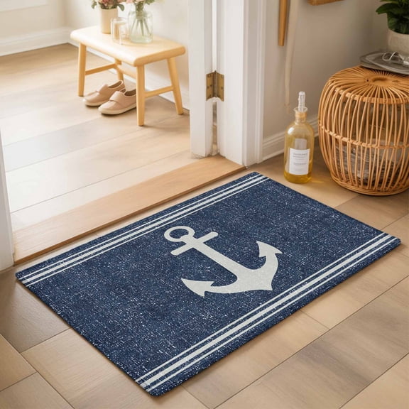 Nautical Anchors Washable Small Entryway Area Rugs 2'x3', Coastal Navy Blue Background Casual Linen Texture Washable Throw Rug Non-Slip Sturdy Edge Binding Carpet for Front Door Floor Room Entry