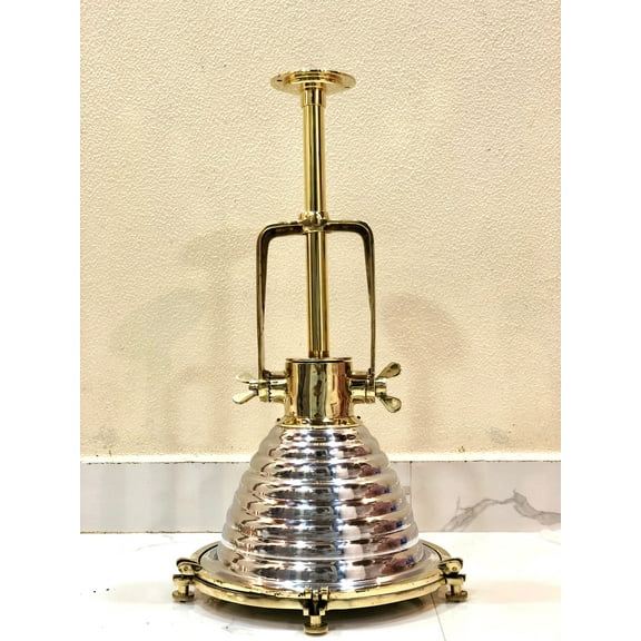 Nautical Antique Aluminum & Brass Metal Ceiling Mount Pendant Light Fixture - Medium