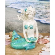 Nautical Aqua Capiz Blue Tailed Mermaid Holding Pearl In Clam Shell Figurine