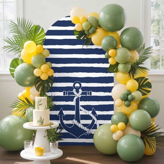 Nautical Arch Backdrop Cover, 5FT, Navy Blue and White Striped Retro Anchor Spandex Arch Covers Double-Sided Backdrop for Wedding Birthday Party Photo Background Decoration