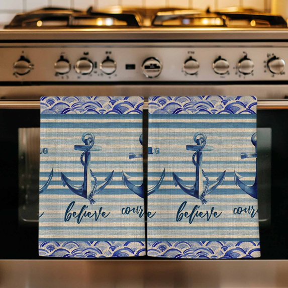 Nautical Archor Kitchen Towels Set of 1, Vintage Country Ocean Archor Blue Stripes Absorbent Dish Towels for Kitchen, Microfiber Hand Towel, Quick Drying Tea Towel for Cleaning Decorative Dishcloths