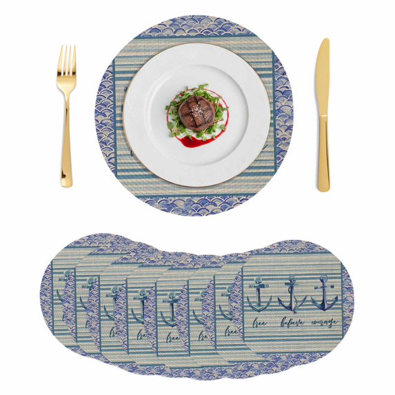 Nautical Archor Round 13 Inch Placemats Set of 8, Vintage Country Ocean Archor Blue Stripes HeatResistant Non Slip Place Mats for Dining Table, Wipeable Braided Kitchen Table Mats for Housewarming
