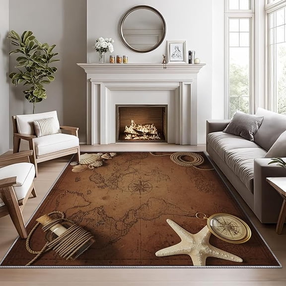 Nautical Area Rugs for Bedroom, Vintage World Map Rug, Rustic Nautical Compass Rug for Living Room, Ocean Coastal Washable Bedroom Carpet, Maritime Sailing Home Decor & Gifts 2 x 3ft