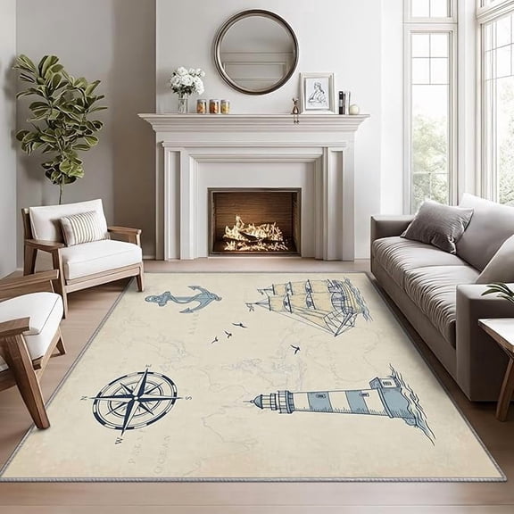 Nautical Area Rugs, Lighthouse Rug, Rustic Compass Anchor Sailboat Rug for Living Room, Vintage Nautical Map Washable Bedroom Carpet, Coastal Sailing Home Decor & Gifts 2 x 3ft