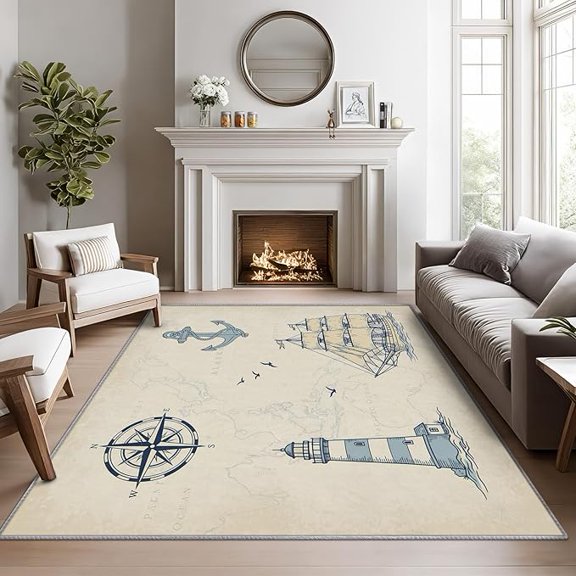 Nautical Area Rugs, Lighthouse Rug, Rustic Compass Anchor Sailboat Rug for Living Room, Vintage Nautical Map Washable Bedroom Carpet, Coastal Sailing Home Decor & Gifts 5 x 8ft