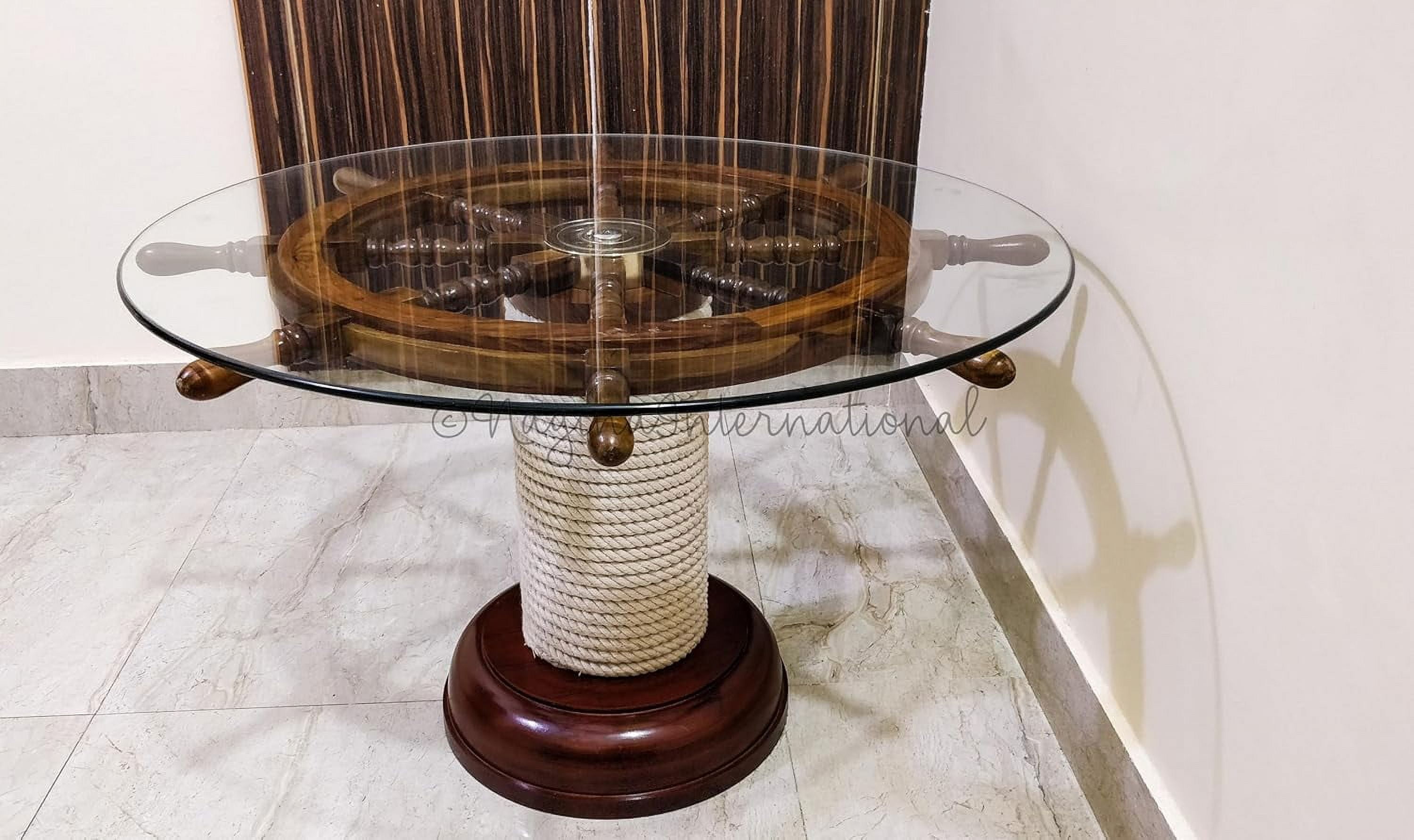 Nautical Authentic Wood Crafted Coffee Table with Thick Clear Glass Top