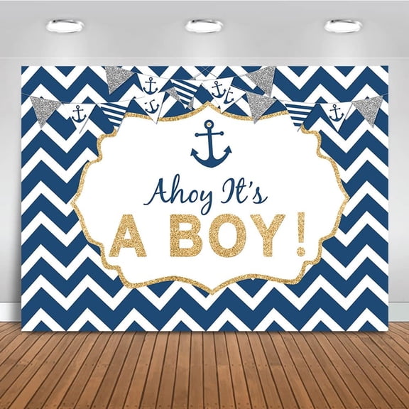 Nautical Baby Shower Backdrop Ahoy It's a Boy Background Blue and Gold Anchor Baby Shower Party Cake Table Decorations Banner Photo Booth Props