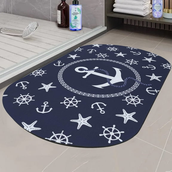 Nautical Bath Mat-Beach Theme Bathroom Anchor Decor Diatomaceous Earth Bath Mat 20”x32” Inch Diatom Mud Shower Mat Non Slip Resistant Quick Dry Rubber Bathtub Oval Tub Absorbent Bath Mats for Bathroom