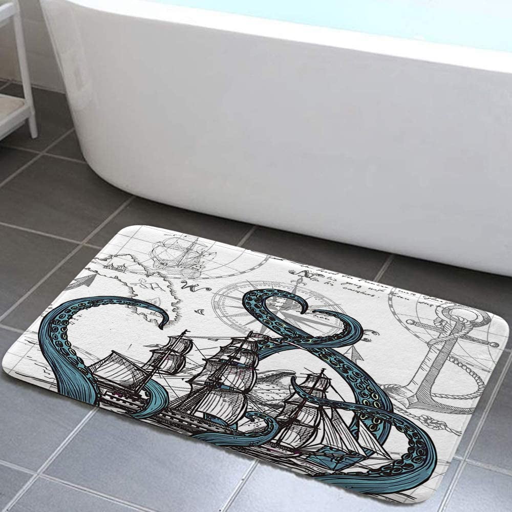 Nautical Bath Mat, Kraken Octopus Bath Rug, Non Slip Bathroom Rug, Pirate Ship and Anchor