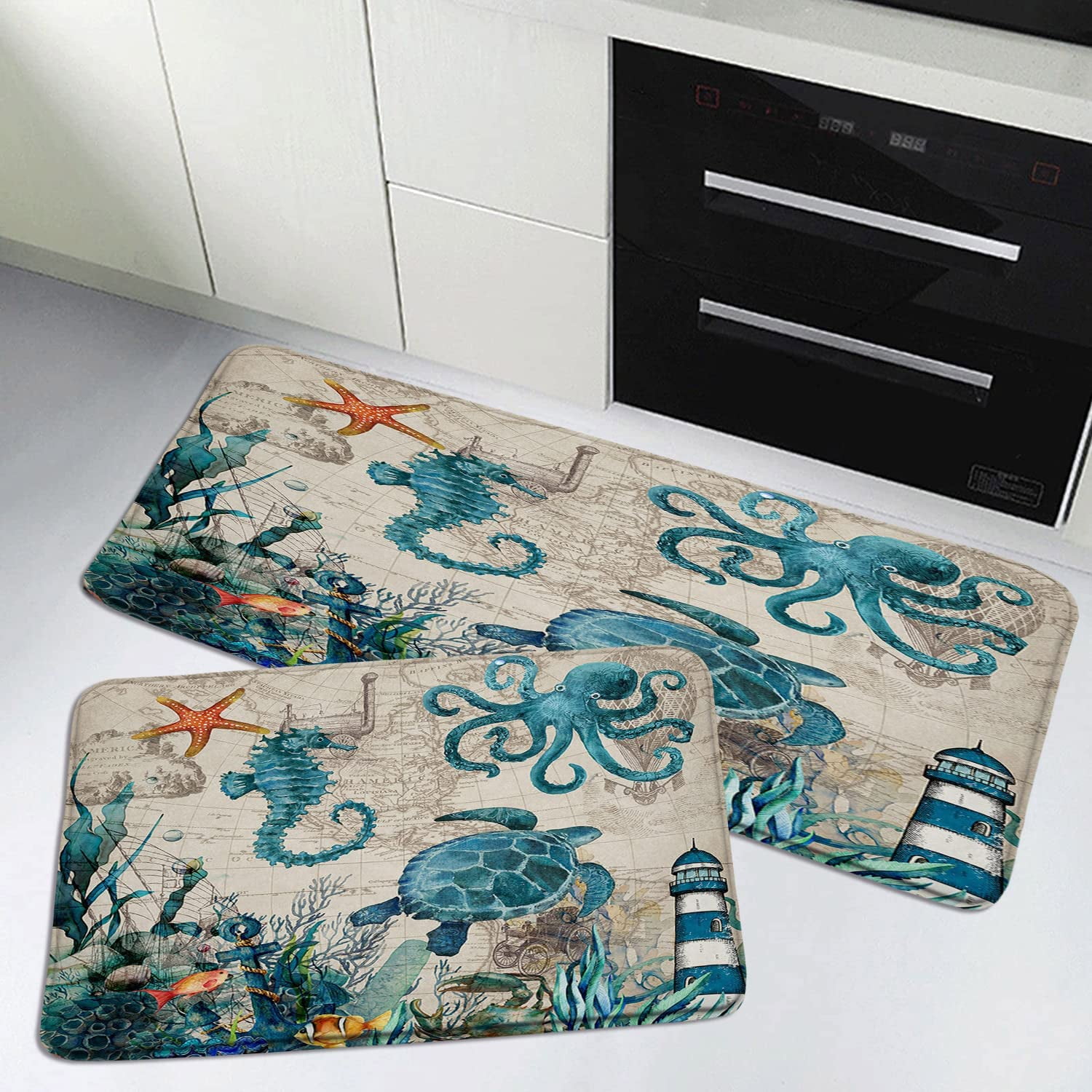 Nautical Bath Mat Ocean Sea Turtles Octopus Seahorse Beach Biological ...