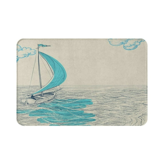 Nautical Bath Mat Sailing Boat Reflection Cloudy Sky Sandy Seaside Bathroom Decor Mat with Non Slip 16"x24"