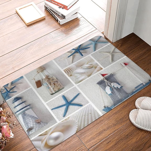 Nautical Bath Mat Starfish Beach Seashell Lighthouse Ocean Theme Sea World Blue White Microfiber Memory Foam Bathroom Decor Mat Holiday for Outdoor Entrance Floor Rugs 16x24 Inch