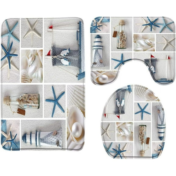 Nautical Bath Rug 3 Piece Starfish Beach Seashell Lighthouse OceanTheme Sea Marine World Blue White Bathroom Rug Set Bath Mat