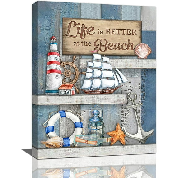 Nautical Bathroom Decor Beach Wall Art Anchor Lighthouse Ocean Seashells Bathroom Pictures For Wall Coastal Artwork Canvas Print For Bathroom Living Room Bedroom Office Framed 12"x16"
