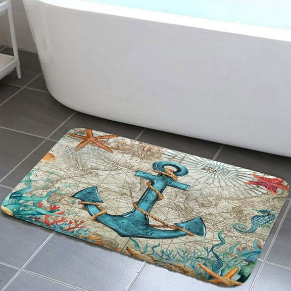 Nautical Bathroom Rug Floor Mats, Blue Anchor Bath Rugs for Bathroom Rustic Ocean Farmhouse Bath Mat Set, Non-slip Beach Doormat Bathroom Accessories 17 X 29 Inch