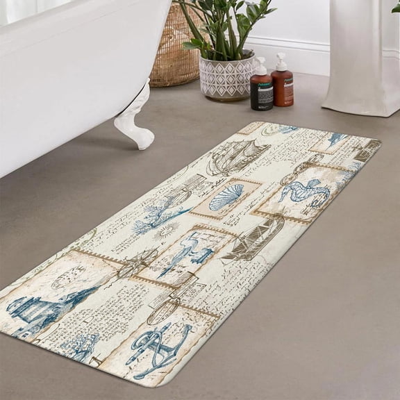 Nautical Bathroom Rugs,Beach Flannel Non Slip Mat Rug,Tropical Coastal Flannel Non Slip Mat Rug,Ocean Beach Bath Mat,Retro Sailing Adventure Bathroom Mats 17X48in