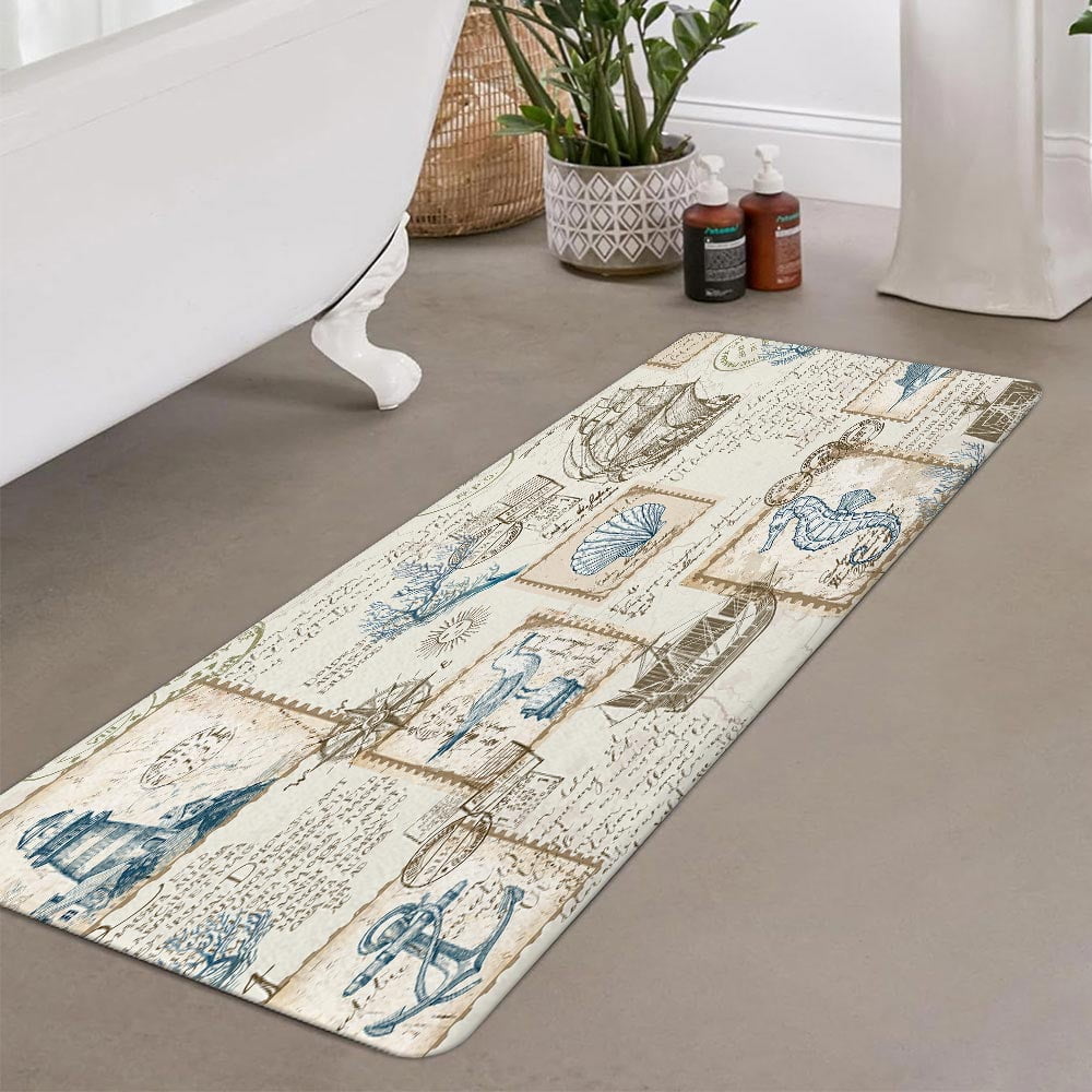 Nautical Bathroom Rugs,Beach Flannel Non Slip Mat Rug,Tropical Coastal Flannel Non Slip Mat Rug,Ocean Beach Bath Mat,Retro Sailing Adventure Bathroom Mats 17X48in