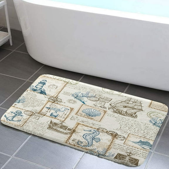 Nautical Bathroom Rugs,Beach Flannel Non Slip Mat Rug,Tropical Coastal Flannel Non Slip Mat Rug,Ocean Beach Bath Mat,Retro Sailing Adventure Bathroom Mats 19X31in