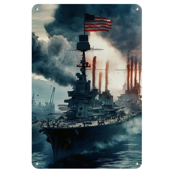 Nautical Battleship Deck Iron Wall Art Sign - Detailed Warship Design with Flames & Smoke, 8x1 Dramatic Home, Bar, Cafe, Garage Decor (8x12 Inches)