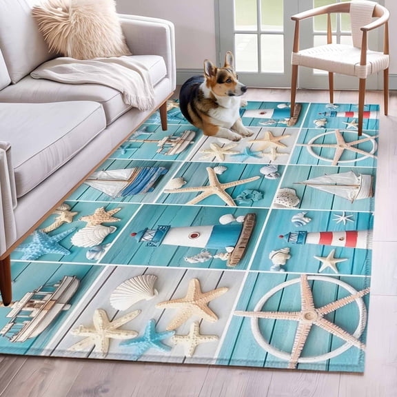 Nautical Beach Area Rug 3x5 Washable Rug Non Slip Blue Coastal Starfish Lighthouse Starfish Large Area Rug Indoor Floor Carpet for Entryway Bedroom Kitchen Living Room Home Office Dining Room Nursery