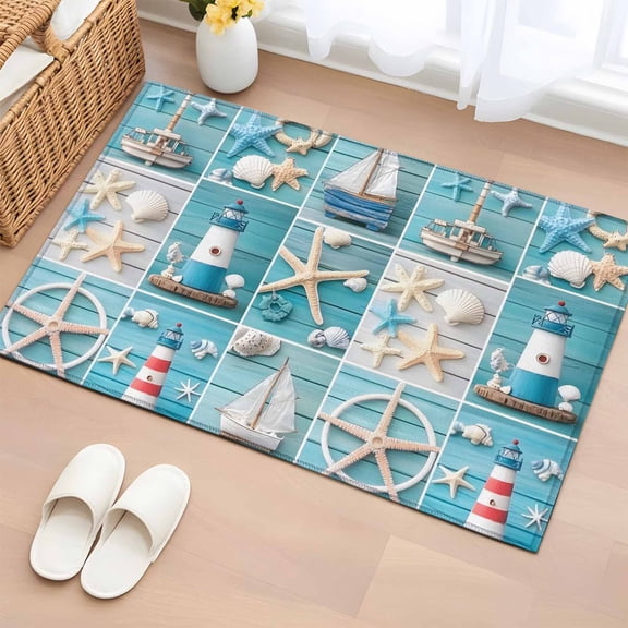 Nautical Beach Bathroom Rug Washable 2x3 Entryway Rug Non Slip Blue Coastal Starfish Lighthouse Starfish Front Door Mat Low Pile Indoor Doormat Throw Floor Carpet for Kitchen Bedroom Entrance