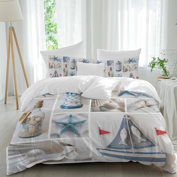 Nautical Beach Blue Starfish Pearl Conch Queen Size Bed Set,Coastal Fish Boat Lighthouse Bedding for All Seasons,4 Pcs Bed Set,1 Quiltcover (90"x92"),1 Sheet(94"x116"),2 Pillowcases (30"x20")