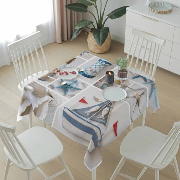 Nautical Beach Blue Starfish Pearl Conch Table Cloth 54x54in, Waterproof Square Tablecloth Wipeable Tablecloths Coastal Fish Boat Lighthouse Table Covers for Dining Tables Party Indoor Outdoor