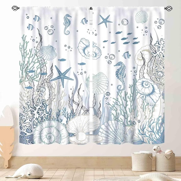Nautical Beach Curtains, Coastal Seahorse Sea Turtle Starfish Seashell Undersea Animal Blue Blackout Drapes for Bedroom Living Room Kids Room Bathroom Kitchen Window Treatments 2 Panel, 84"x63" Inch