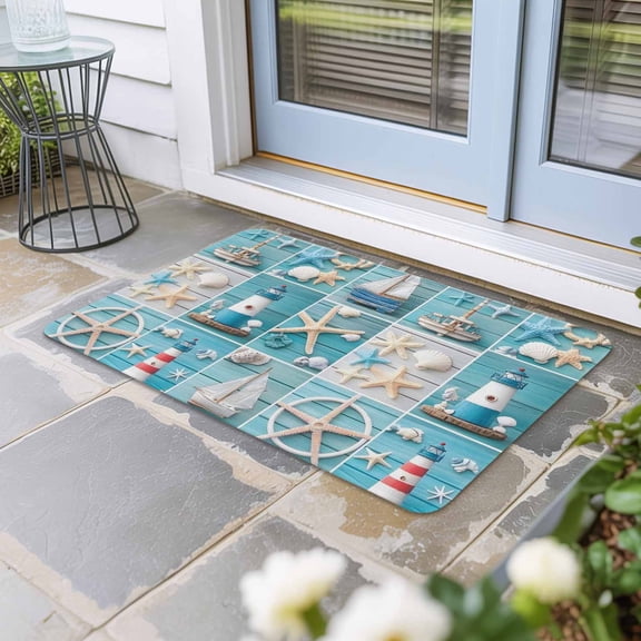 Nautical Beach Door Mat Indoor Outdoor,Blue Coastal Starfish Lighthouse Starfish Non Slip Welcome Mat with Rubber Backing,Absorbent Fabric Front Door Mats Entryway Rug for Home Patio Entrance 16"x24"