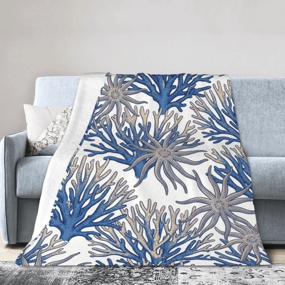 Nautical Beach Flannel Throw Blanket, Blue Beige Coral Seashell Starfish Ocean Decor, Soft Sea Fleece Blankets for Sofa Couch Bedroom, Coastal Home Decorative Gifts for Marine Lovers 50x40