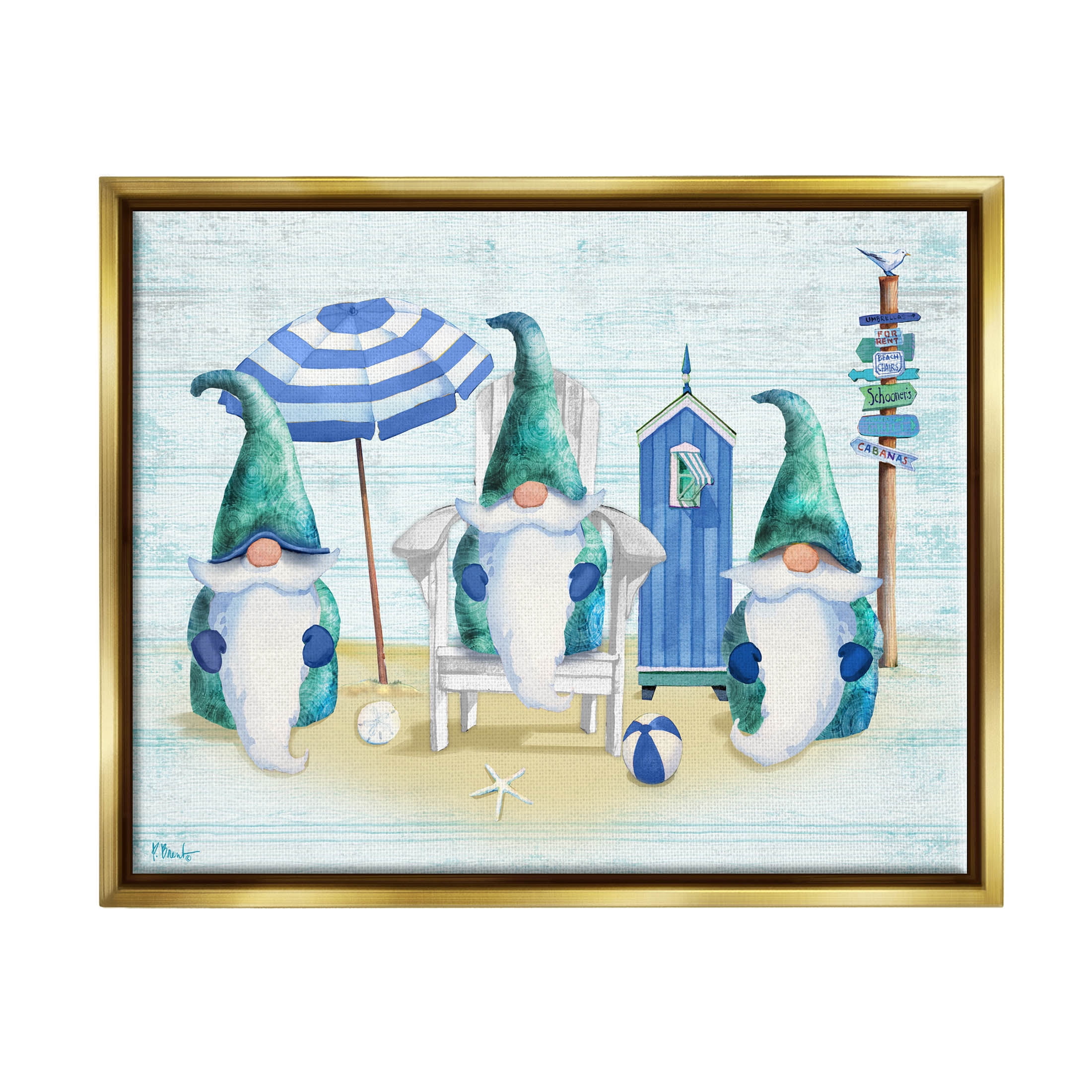 Nautical Beach Gnome Trio Fairy Tales & Fantasy Graphic Art Metallic Gold Framed Art Print Wall Art