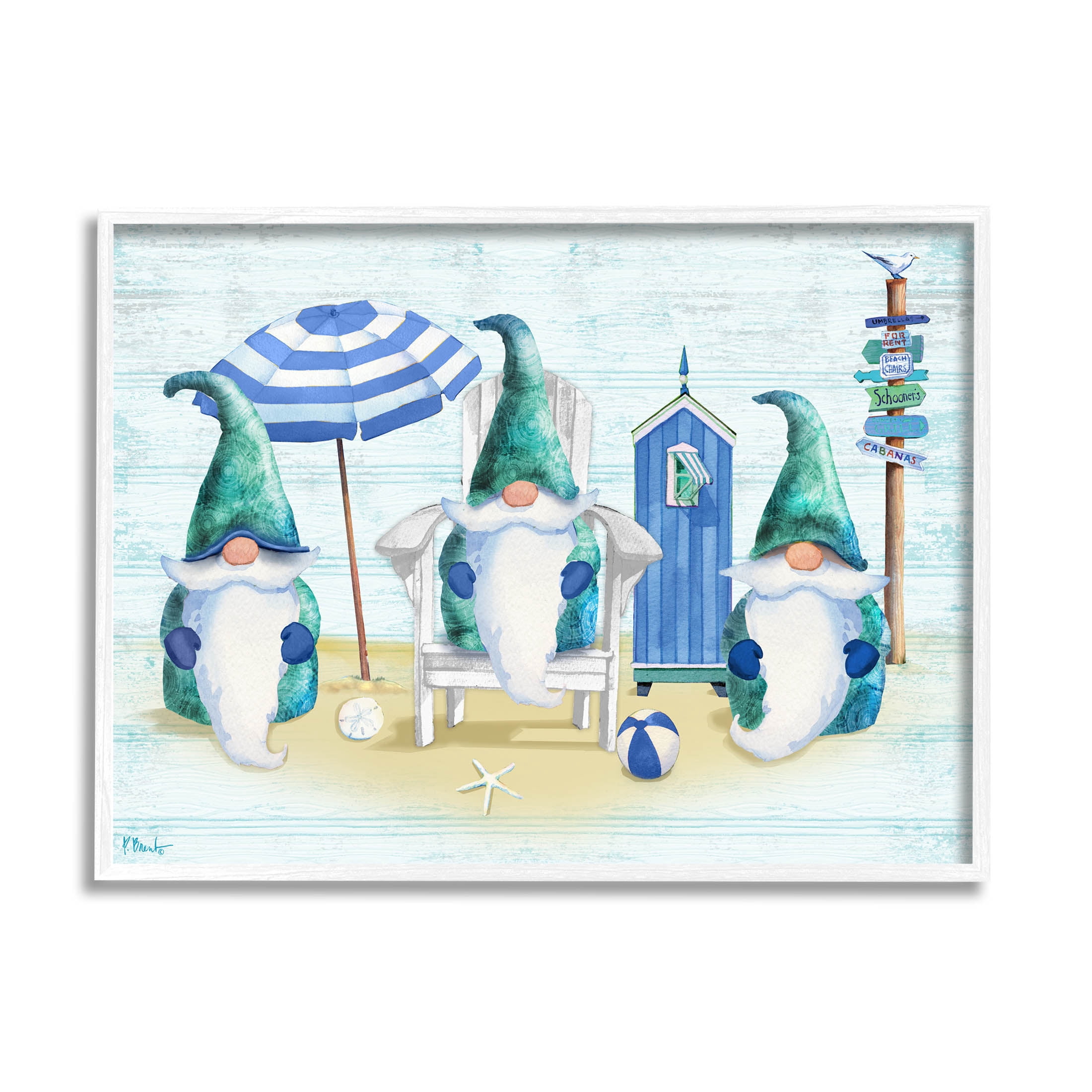 Nautical Beach Gnome Trio Fairy Tales & Fantasy Graphic Art White Framed Art Print Wall Art