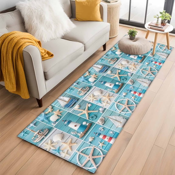 Nautical Beach Kitchen Runner Rug 2x6 Washable Runners for Hallway Non Slip Blue Coastal Starfish Lighthouse Starfish Large Area Rug Indoor Floor Carpet for Bathroom Laundry Entryway Bedroom