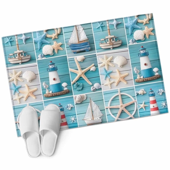 Nautical Beach Large Area Rugs for Bedroom Living Room, Soft Non Slip Carpet Bedside Rug, Blue Coastal Starfish Lighthouse Starfish Rectangular Floor Cover Kitchen Accent Rug 2'x3' for Office