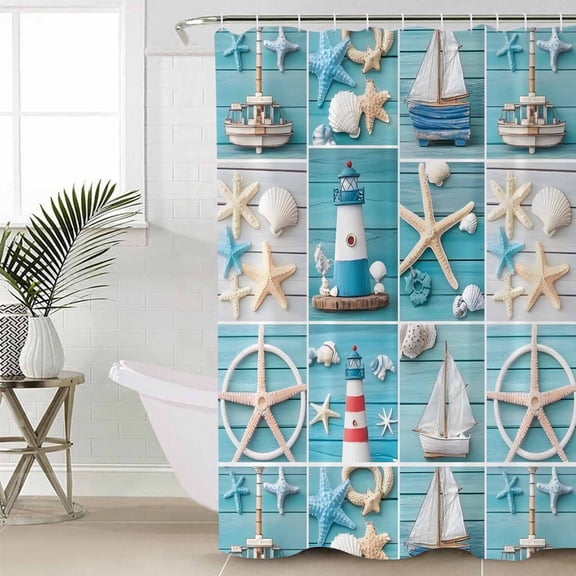 Nautical Beach Long Shower Curtain Set, Waterproof Shower Curtains for Bathroom, Blue Coastal Starfish Lighthouse Starfish Washable Fabric Cloth Bath Curtain for Bathtub with Hooks 72x84 Inches