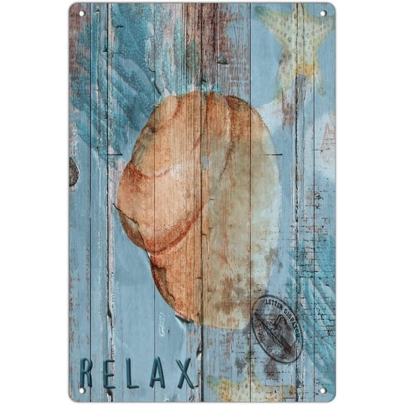Nautical Beach Ocean Theme Retro Metal Wall Decor Tin Sign, Underwater Sea Snail Starfish Shells, Coastal Art for Garage Lounge Bedroom, Blue, 8 x 12 in