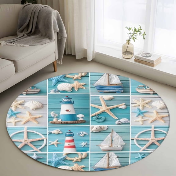 Nautical Beach Round Rug 3ft Washable Circle Entryway Rugs Non Slip Blue Coastal Starfish Lighthouse Starfish Area Rug Indoor Floor Carpet for Bedroom Kitchen Living Room Office Dining Room Nursery