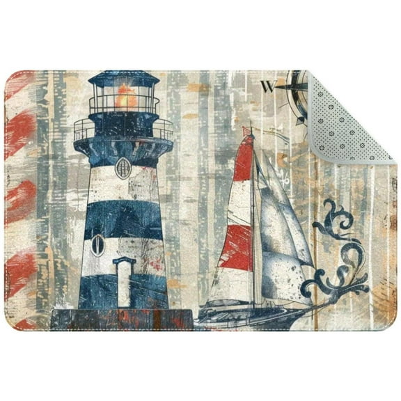 Nautical Beach Sailboat Lighthouse Compass Anchor Small Area Rug, Non-Slip Door Mat Indoor Floor Mat, Washable Kitchen Rug Entrance DMat for Bedroom Living Room