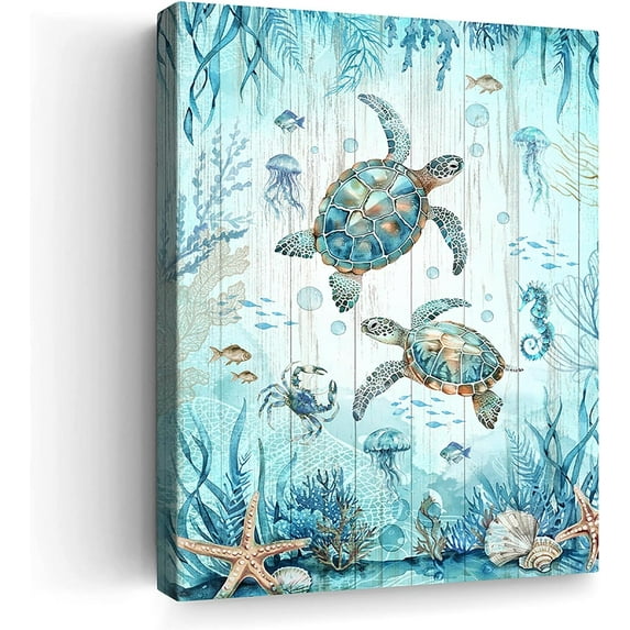 Nautical Beach Sea Turtle Bathroom Decor Wall Art Ocean Sea Turtle Paintings Artwork for Walls Teal Beach Theme Decor Pictures Prints Framed Decorations for Bedroom Bathroom Kitchen Home Decor 12"x16"