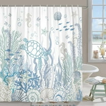 Nautical Beach Shower Curtain for Kids, Ocean Coastal Seashell Shower Curtain Set for Bathroom, Aqua Fun Sea Turtle Fabric Shower Curtain Restroom Bathtub Decor Accessories with Hooks 72X 72 inch