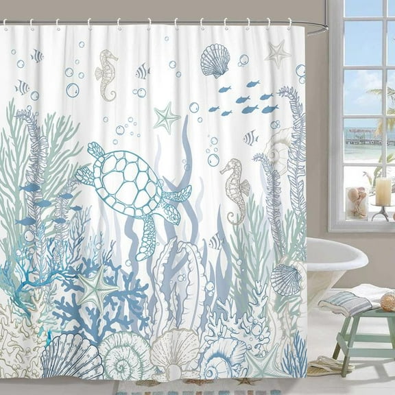 Nautical Beach Shower Curtain for Kids, Ocean Coastal Seashell Shower Curtain Set for Bathroom, Aqua Fun Sea Turtle Fabric Shower Curtain Restroom Bathtub Decor Accessories with Hooks 72X 72 inch