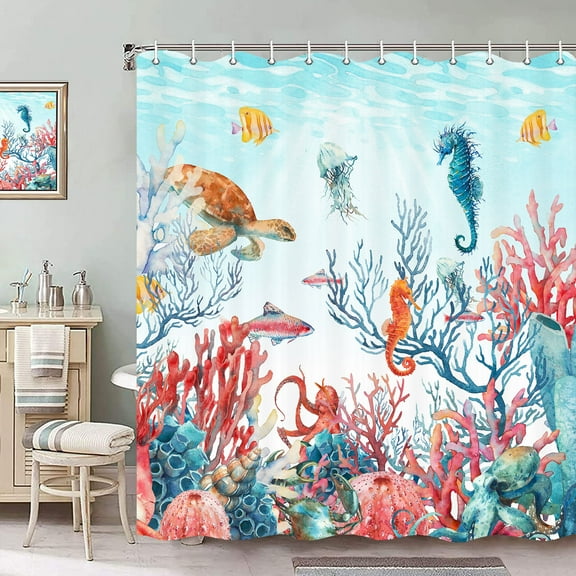 Nautical Beach Shower Curtain, Sea World Blue Ocean Shower Curtain, Coral Sea Horse Turtle Octopus Shower Curtain Sets, Underwater Marine Life Themed Bathroom Decor Bath Curtain with Hooks,70X70in