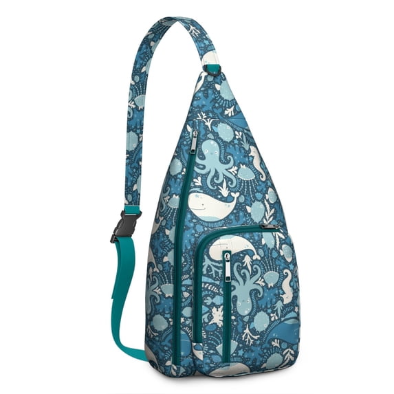 Nautical Beach Sling Backpack - Seaside Themed Crossbody Shoulder Bag with Fish & Shell Prints, Multi-Functional Anti-Theft Daypack for Travel & Commuting