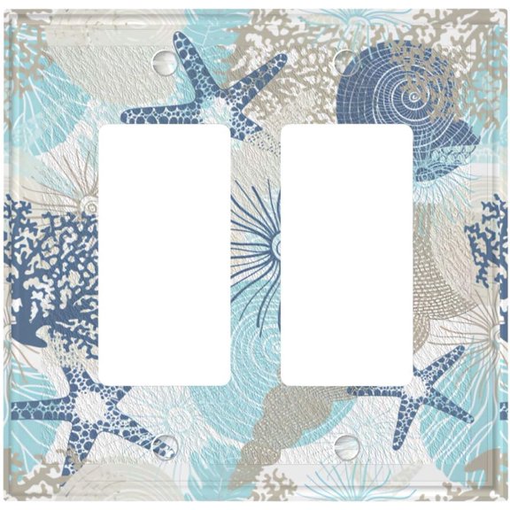 Nautical Beach Starfish 2 Gang Double Rocker Decorative Light Switch Covers Seashell Coastal Coral Conch Electrical Wall Plates Receptacle Switchplate Faceplates for Bathroom Home