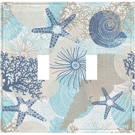 Nautical Beach Starfish 2 Gang Double Toggle Decorative Light Switch Covers Seashell Coastal Coral Conch Electrical Wall Plates Receptacle Switchplate Faceplates for Bathroom Home