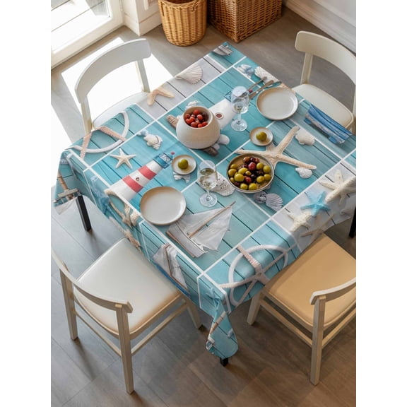 Nautical Beach Tablecloth Square Table Cloth 54x54, Waterproof Tablecloth Outdoor Table Cloth, Blue Coastal Starfish Lighthouse Starfish Washable Table Cover for Kitchen Dinning Party